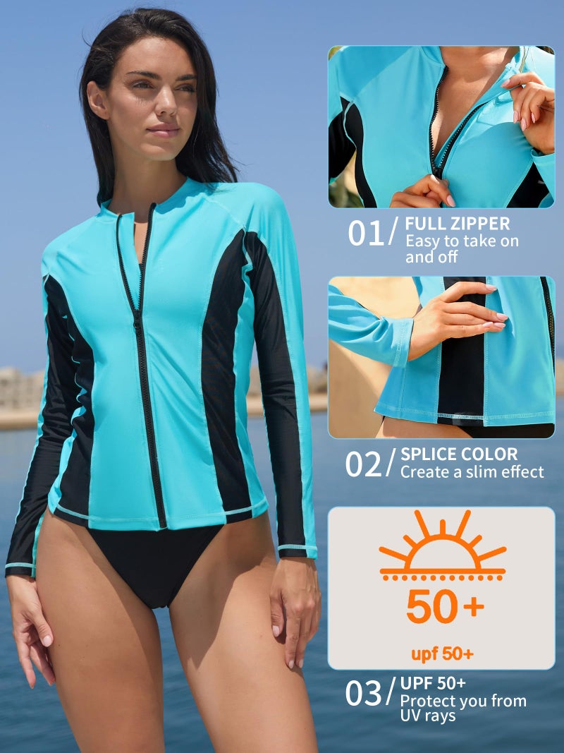 ATTRACO Womens Rash Guard Long Sleeve Sun Protection Swim Shirts Swim Top Aqua L - Image 4